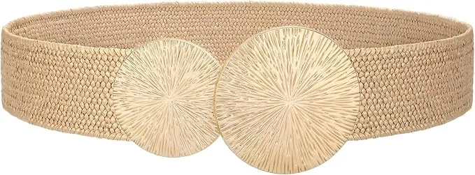 Round Buckle Rattan Belt in Natural