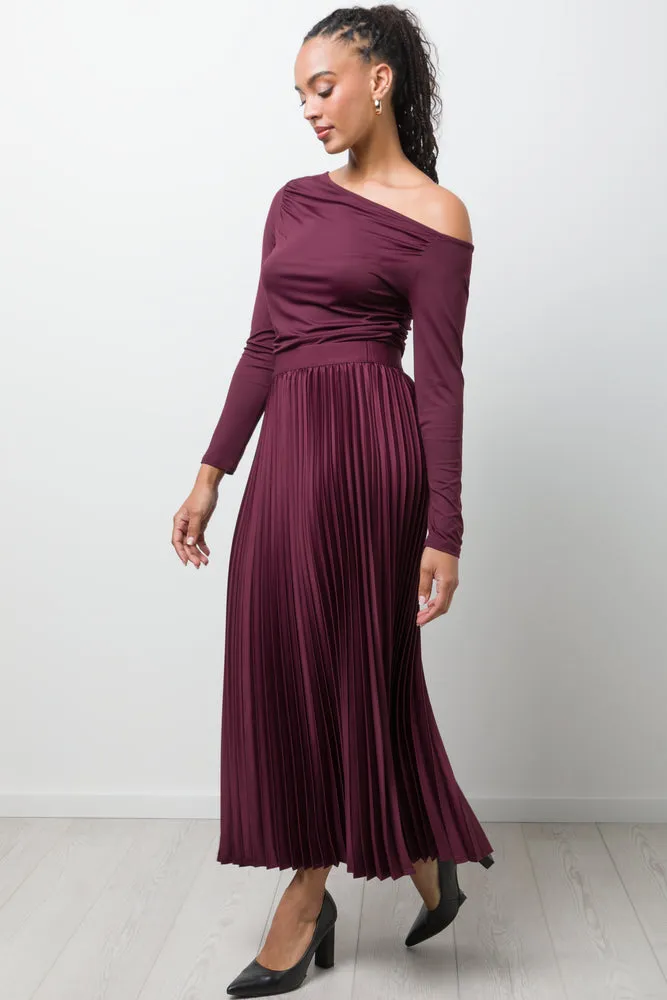 Satin Maxi Pleated Skirt Burgundy