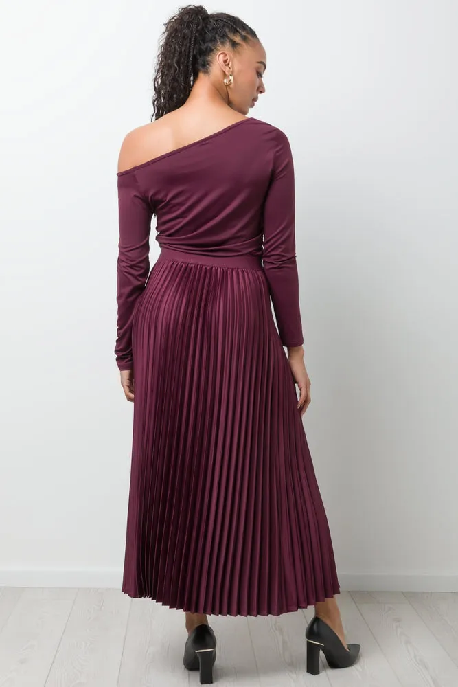 Satin Maxi Pleated Skirt Burgundy