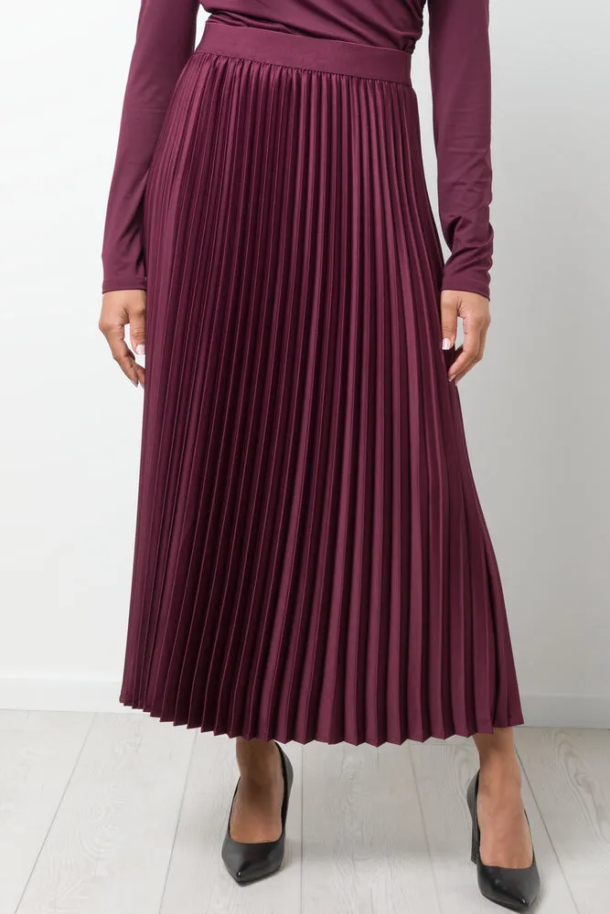 Satin Maxi Pleated Skirt Burgundy