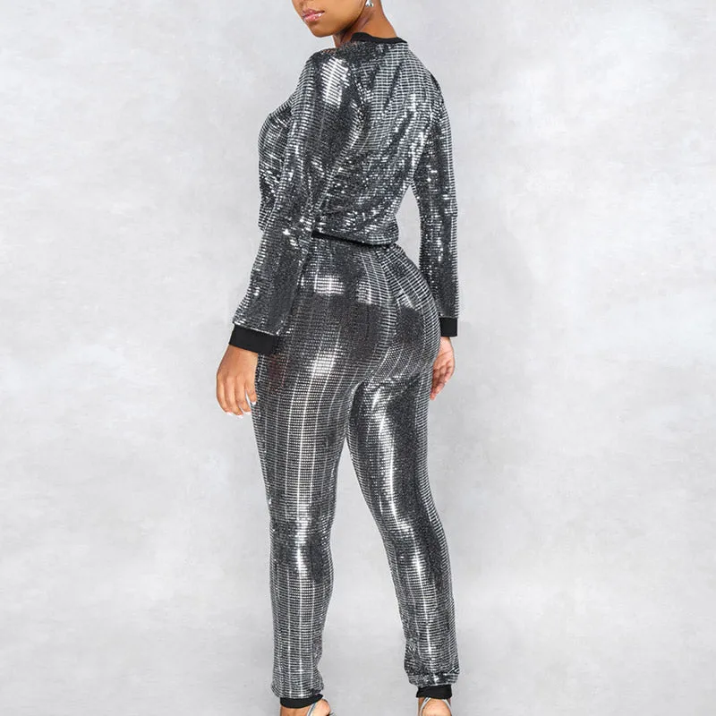 Sequins Long Sleeve Stripe Top & Pants Set