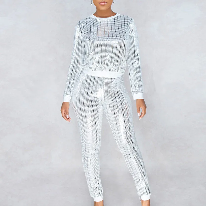 Sequins Long Sleeve Stripe Top & Pants Set