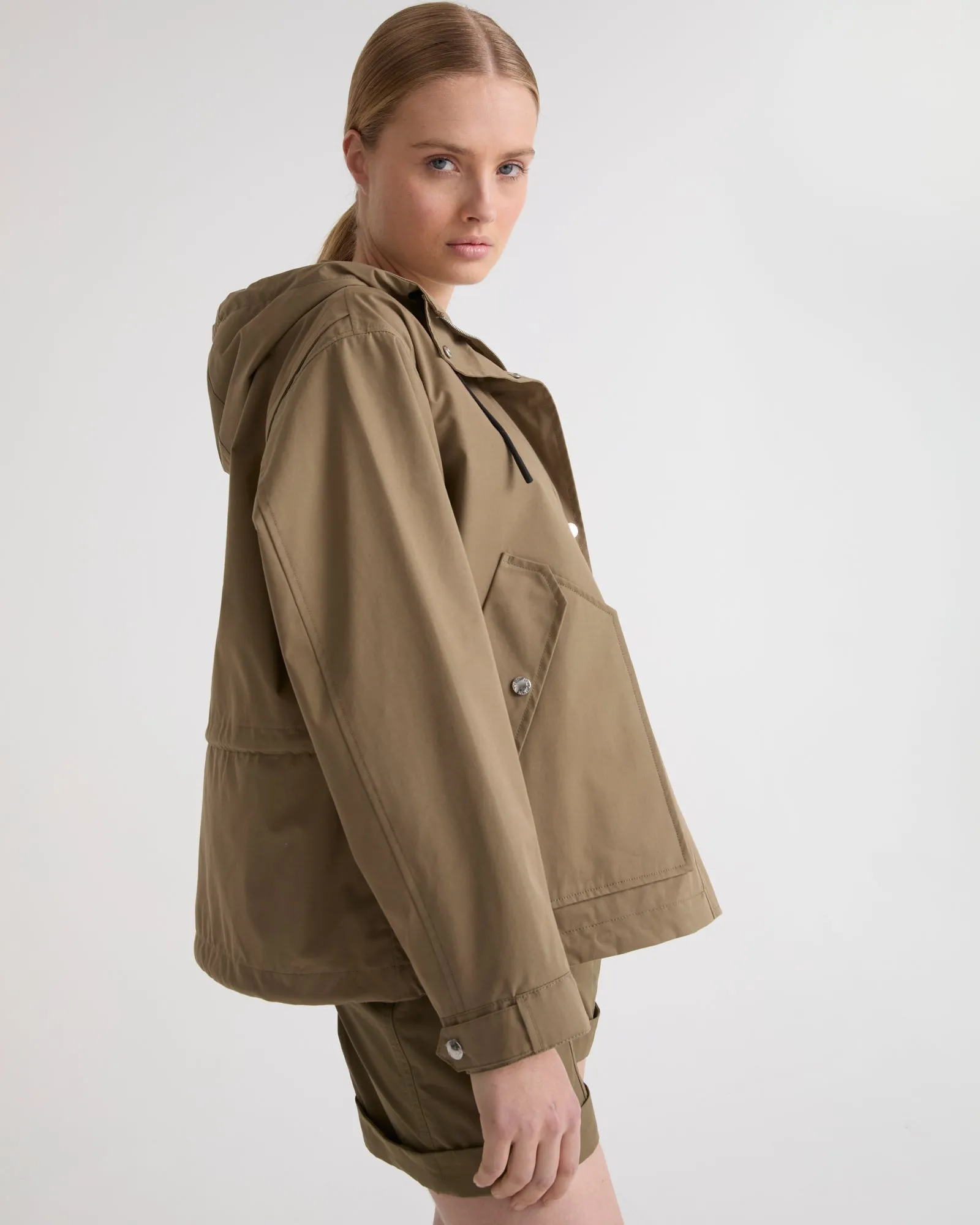 Short parka in technical cotton-mix fabric
