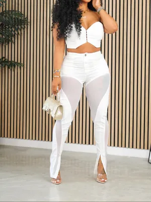 Solid Bandeau Top & Sheer Combo Pants Set