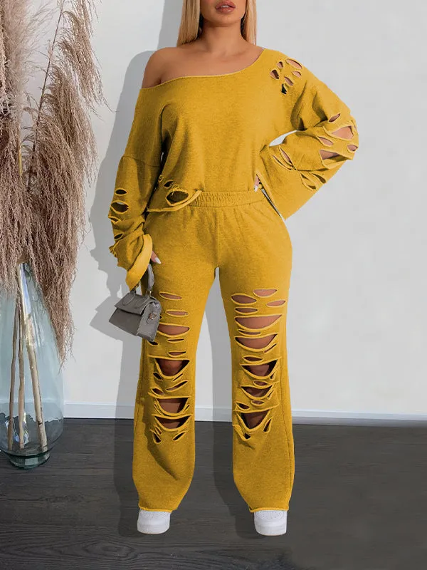 Solid Ripped Pants Set