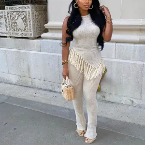 Solid Sleeveless Fringe Top & Pants Set