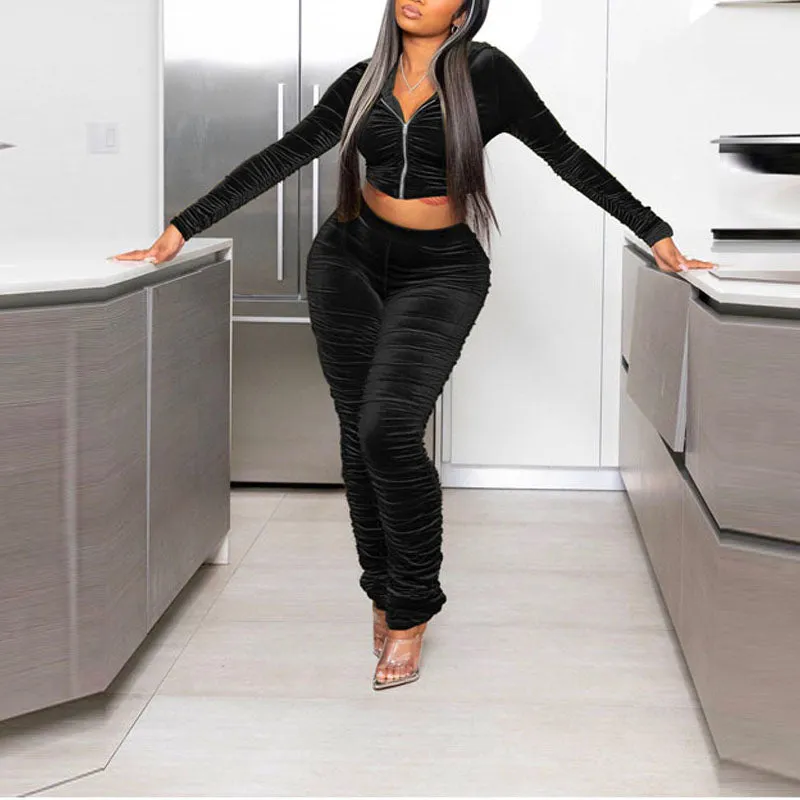 Solid Velvet Long Sleeve Hoodie Top & Ruched Pants Set