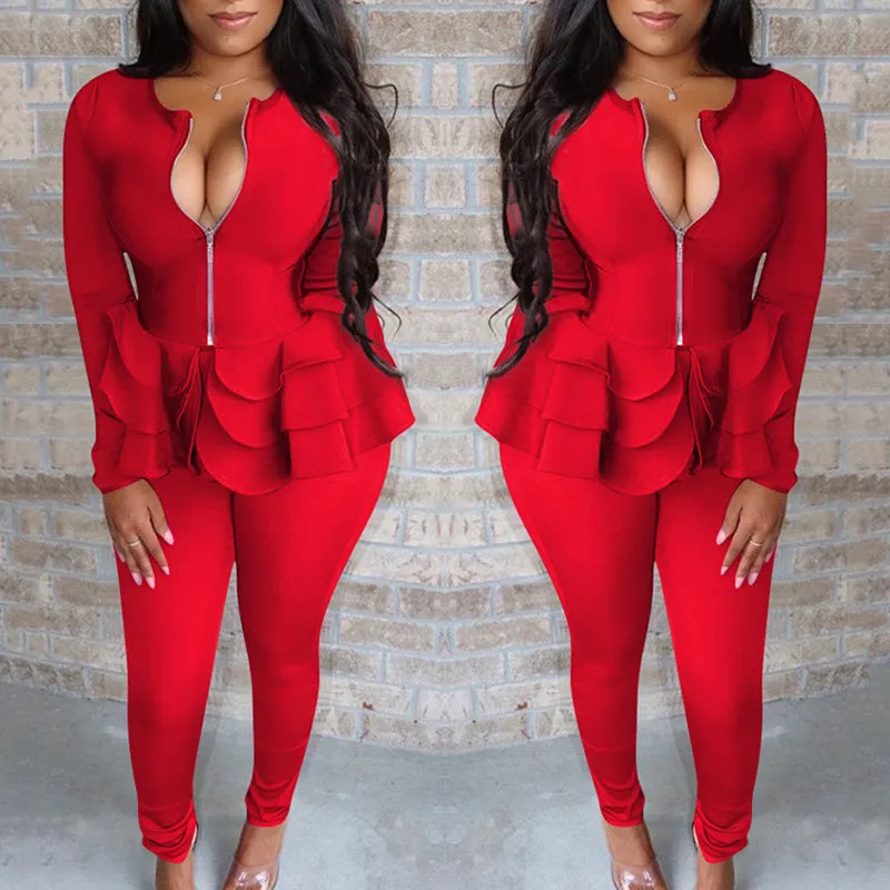 Solid Zipper Design Ruffle Top & Pants Set