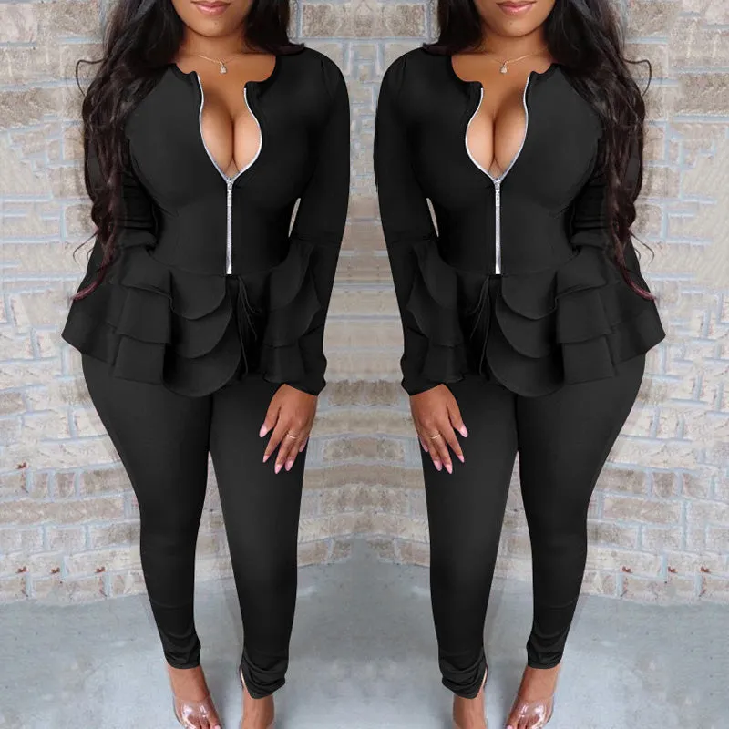 Solid Zipper Design Ruffle Top & Pants Set