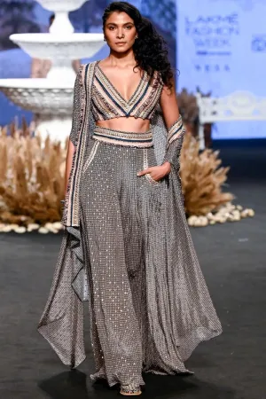 TEXTURED CROP TOP TEAMED WITH EMBELLISHED PINK BUTTI PRINT BOX PLEAT PANTS WITH HIGHLIGHTED CAPE
