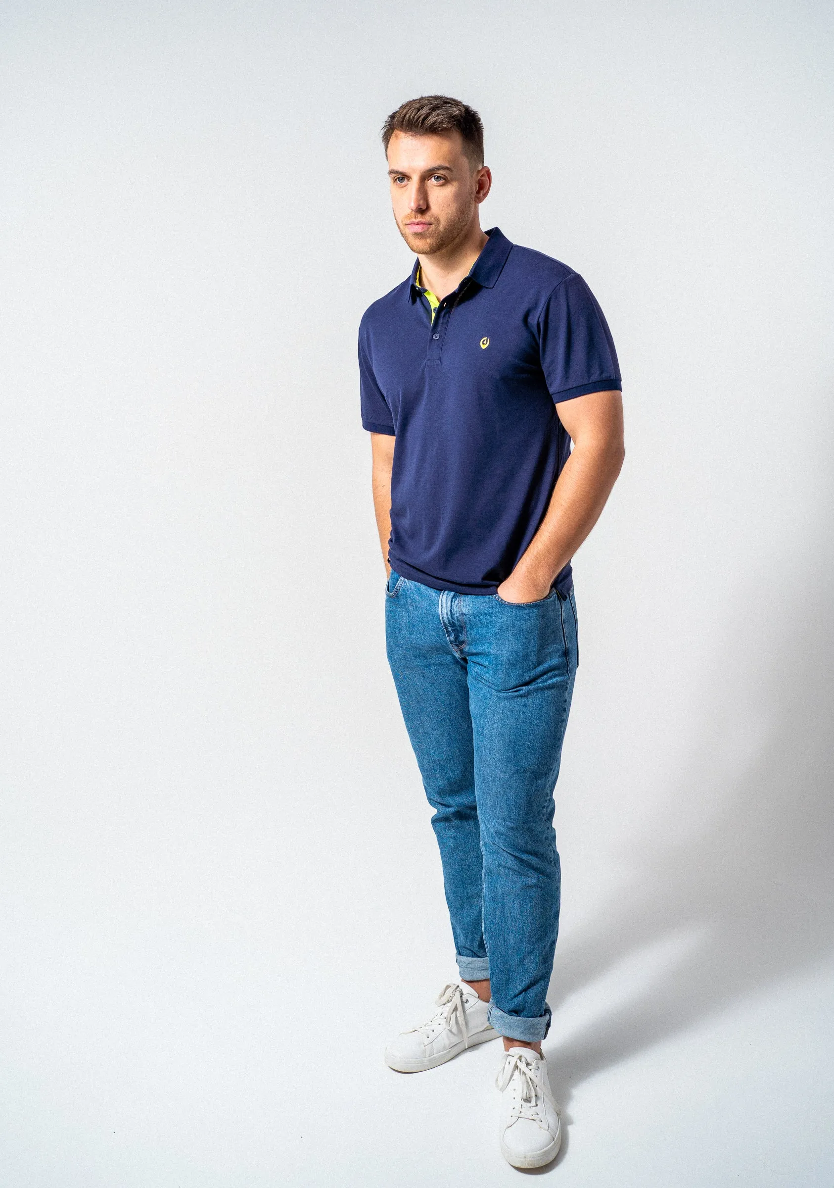 The Dexter Polo - Classic Fit Polo shirt in Navy with Neon Green accents