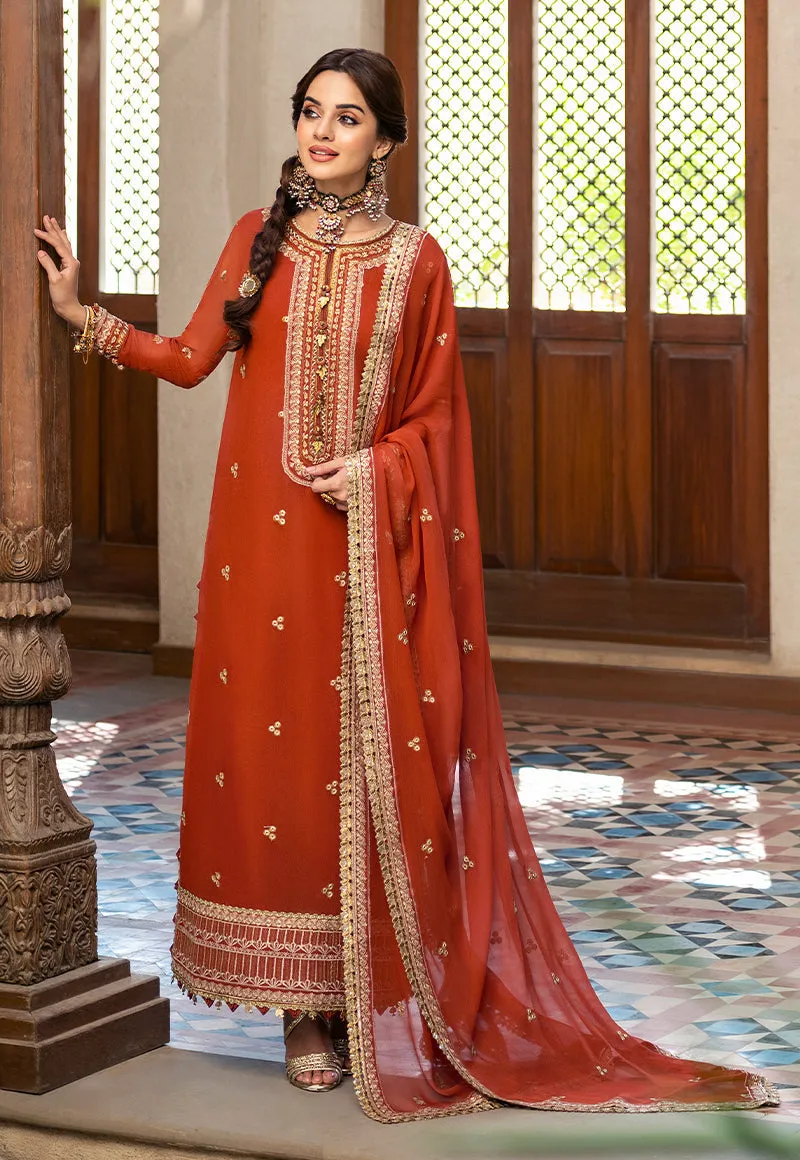 Traditional Pakistani Kameez Salwar Suit in Embroidered Rusty Color