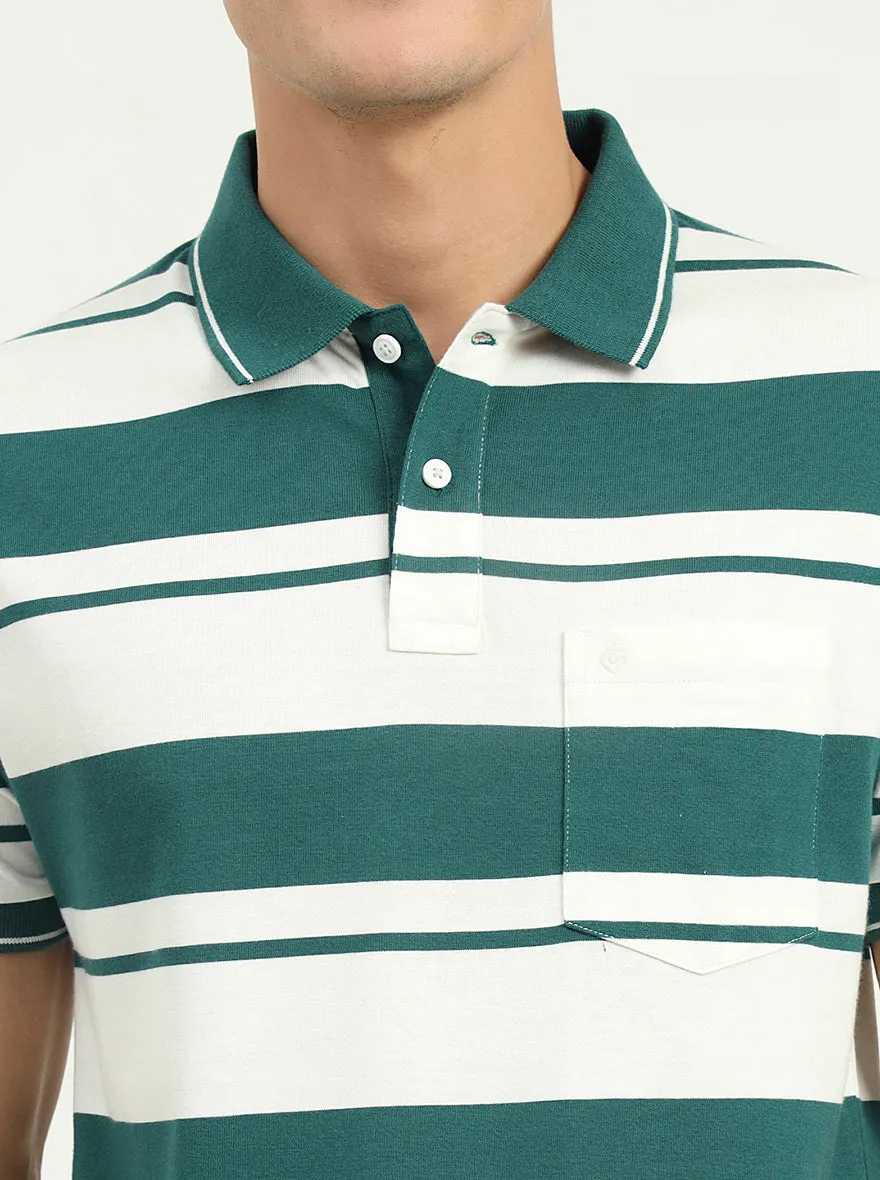 White & Bottle Green Striped Slim Fit Polo T-Shirt | Greenfibre