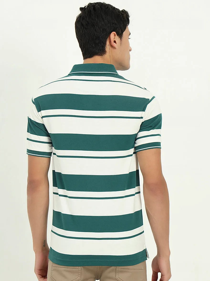 White & Bottle Green Striped Slim Fit Polo T-Shirt | Greenfibre
