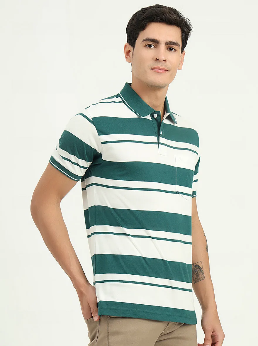 White & Bottle Green Striped Slim Fit Polo T-Shirt | Greenfibre