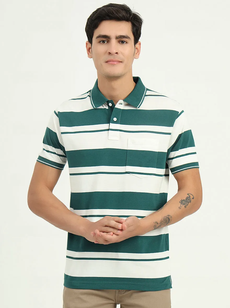 White & Bottle Green Striped Slim Fit Polo T-Shirt | Greenfibre