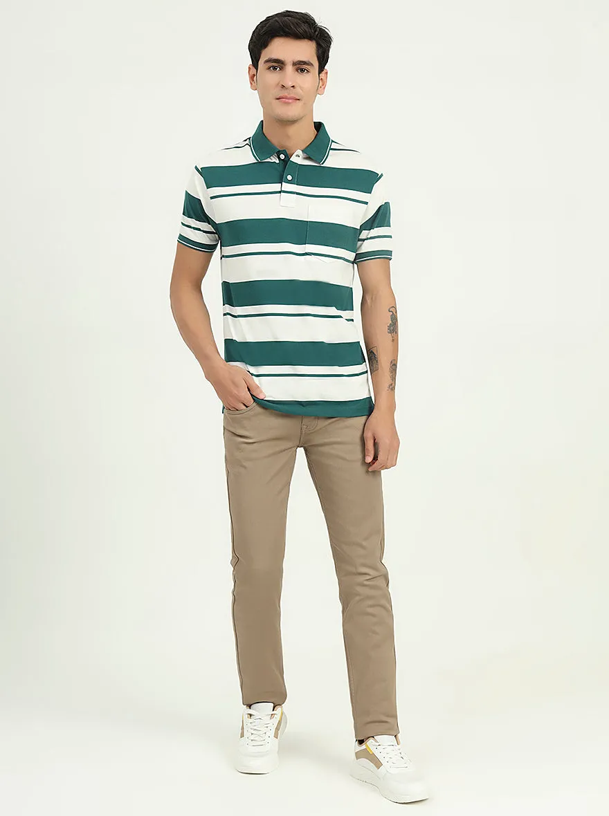 White & Bottle Green Striped Slim Fit Polo T-Shirt | Greenfibre