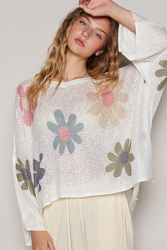 White Flower Dropped Shoulder Long Sleeve Knit Top