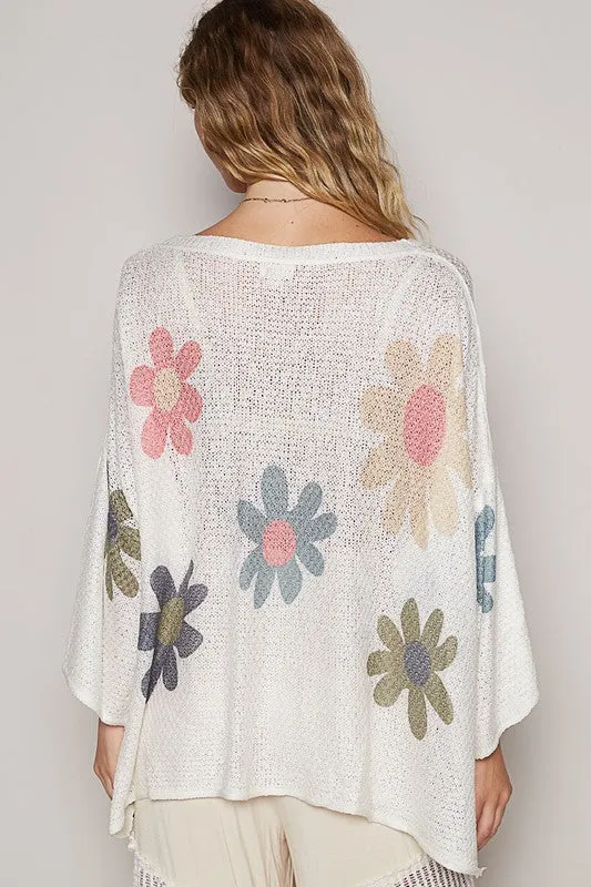 White Flower Dropped Shoulder Long Sleeve Knit Top