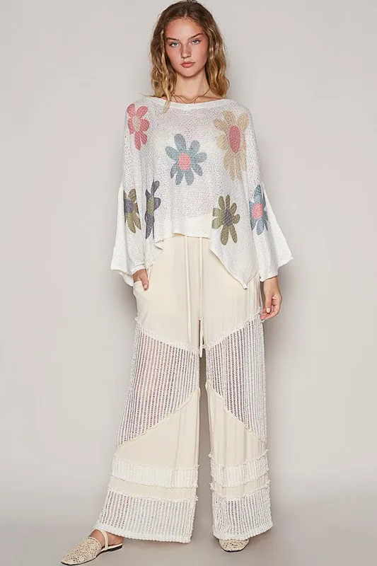 White Flower Dropped Shoulder Long Sleeve Knit Top