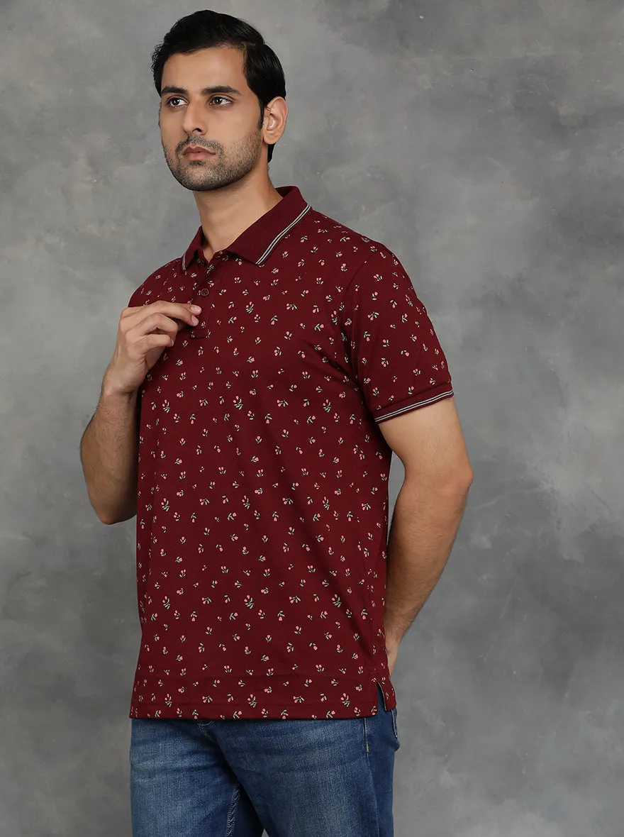 Wine Printed Slim Fit Polo T-Shirt | GreenFibre