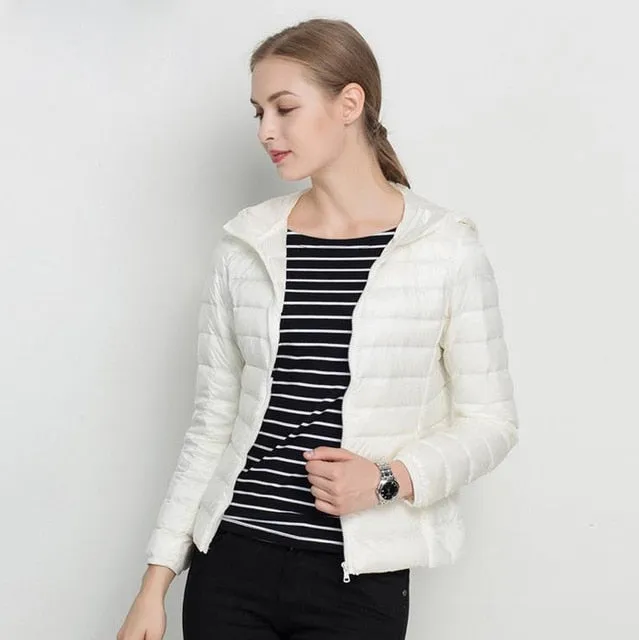 Winter Women Ultra Light Down Jacket White Duck Down Hooded Jackets Long Sleeve Warm Coat Parka Female Solid Portable Outwear