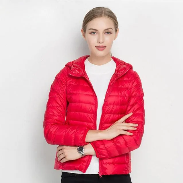 Winter Women Ultra Light Down Jacket White Duck Down Hooded Jackets Long Sleeve Warm Coat Parka Female Solid Portable Outwear