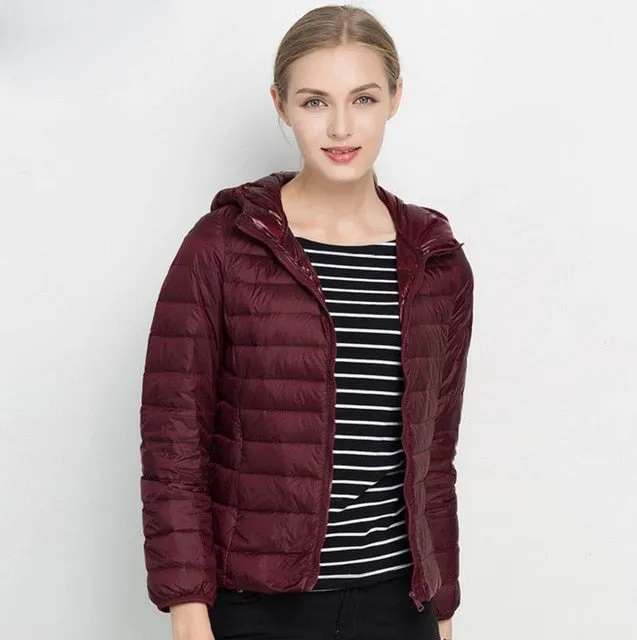 Winter Women Ultra Light Down Jacket White Duck Down Hooded Jackets Long Sleeve Warm Coat Parka Female Solid Portable Outwear
