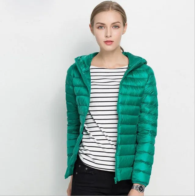 Winter Women Ultra Light Down Jacket White Duck Down Hooded Jackets Long Sleeve Warm Coat Parka Female Solid Portable Outwear