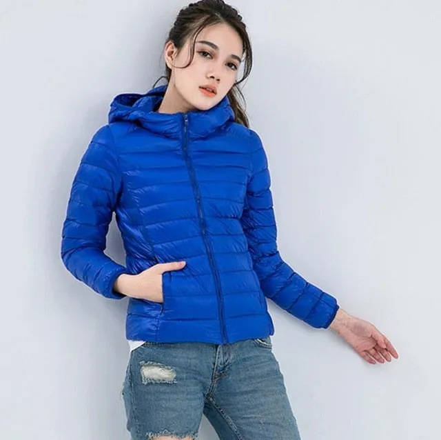 Winter Women Ultra Light Down Jacket White Duck Down Hooded Jackets Long Sleeve Warm Coat Parka Female Solid Portable Outwear