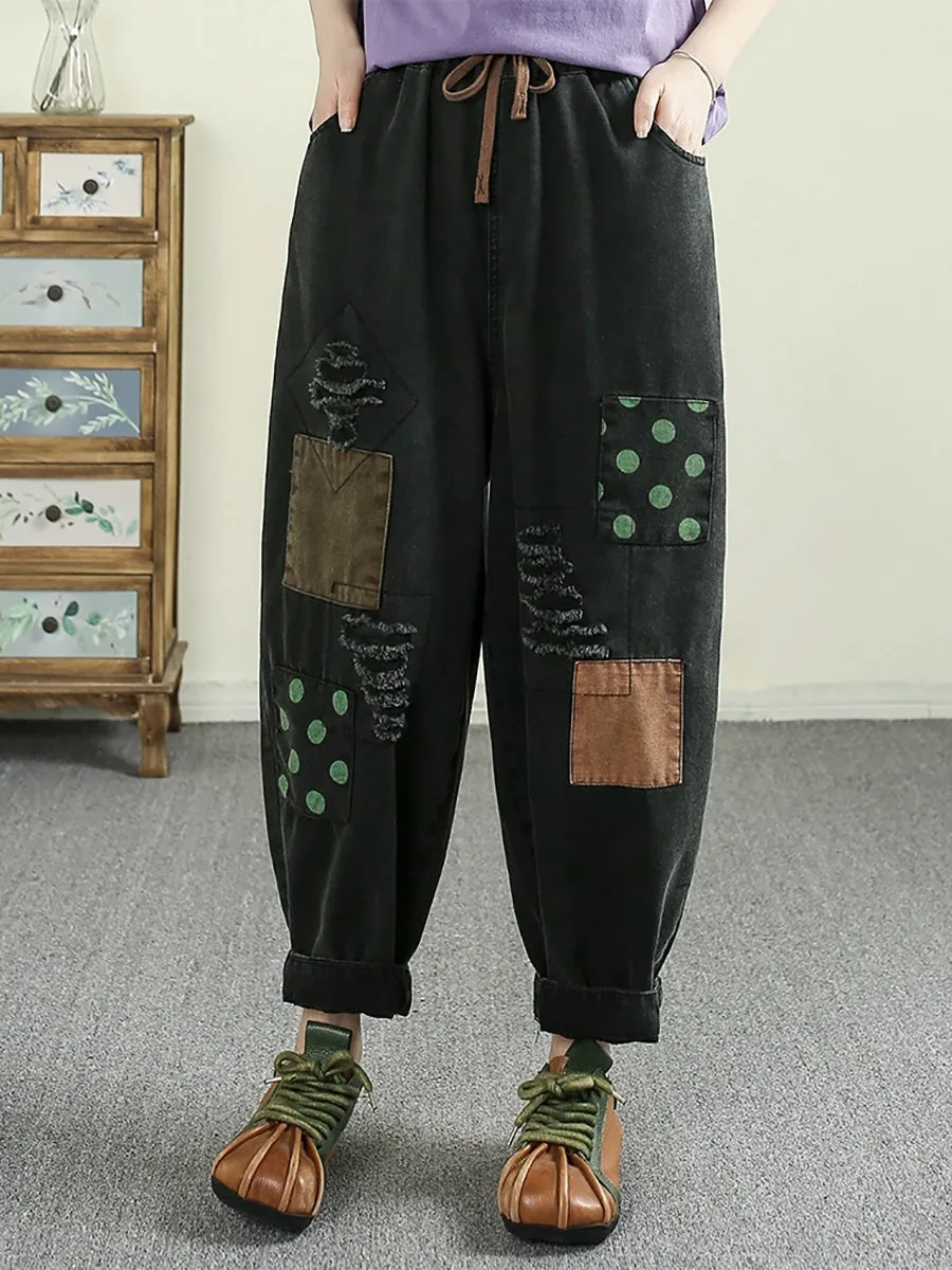 Women Retro Patchwork Frayed Denim Harem Pants
