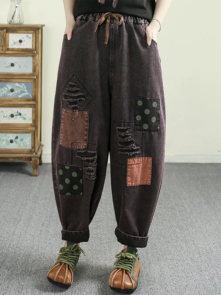 Women Retro Patchwork Frayed Denim Harem Pants