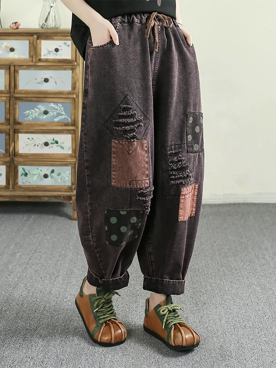 Women Retro Patchwork Frayed Denim Harem Pants