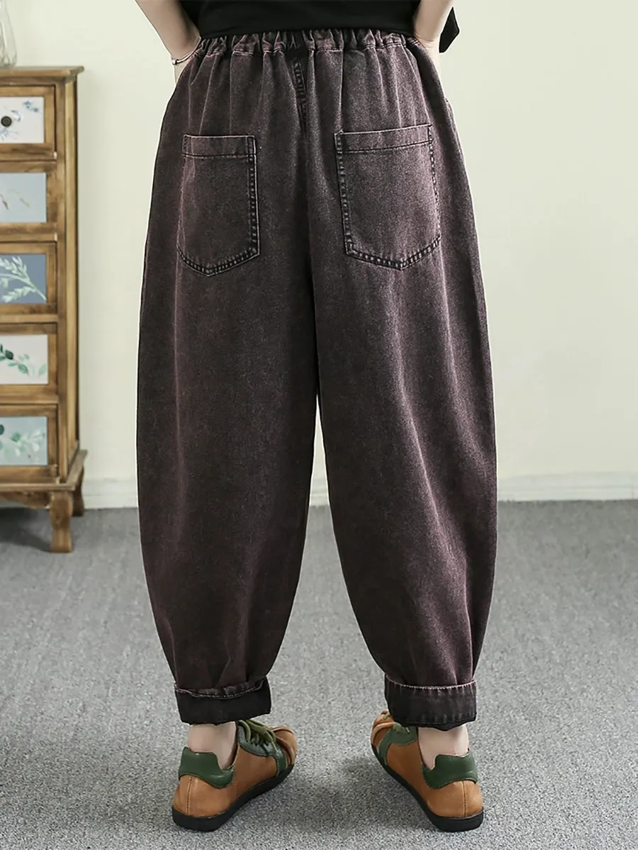 Women Retro Patchwork Frayed Denim Harem Pants