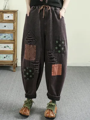 Women Retro Patchwork Frayed Denim Harem Pants