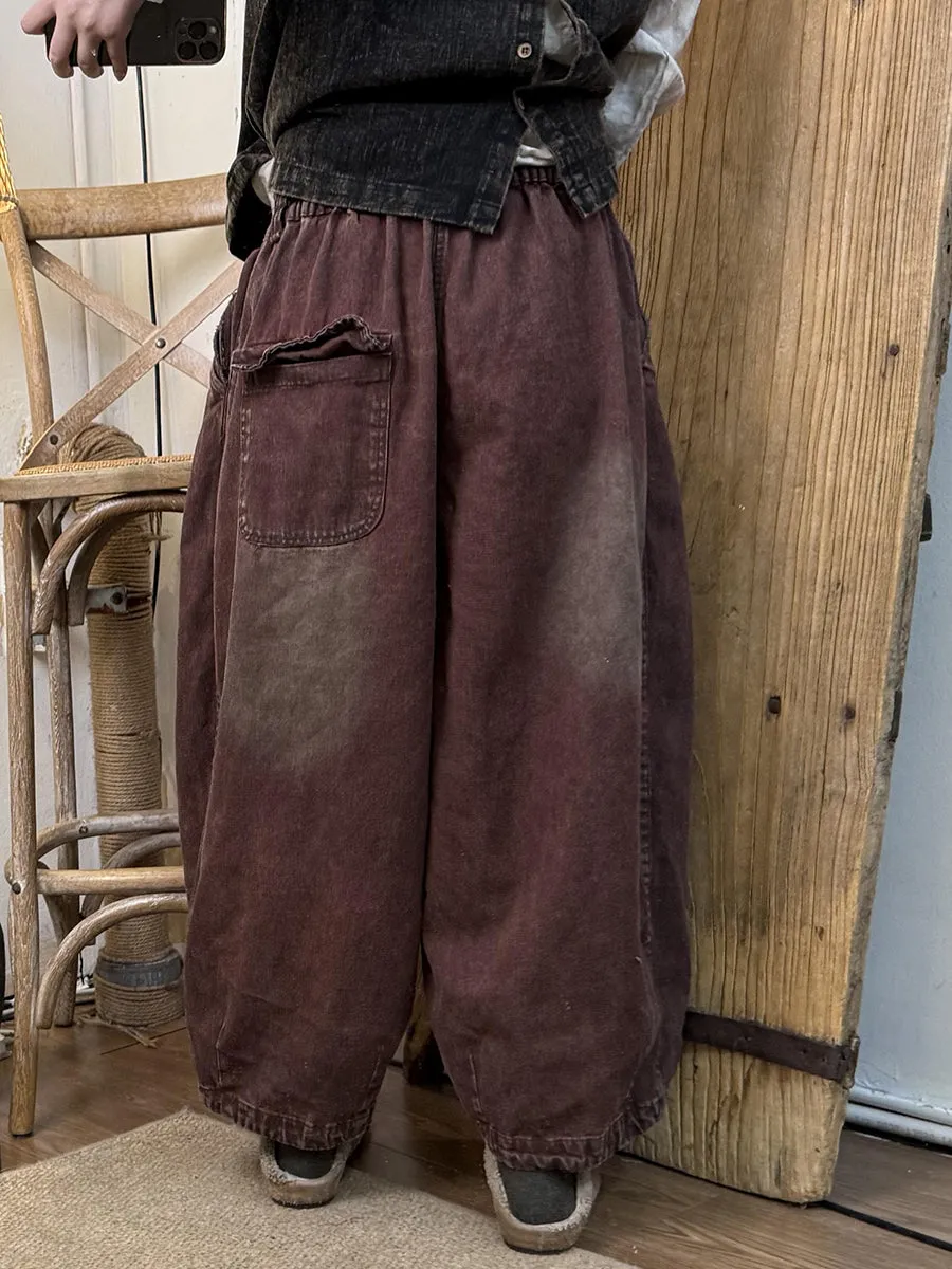 Women Spring Casual Denim Shirred Thick Harem Pants