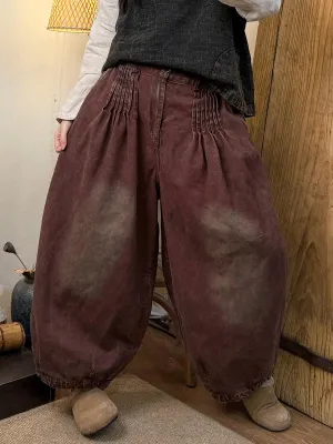 Women Spring Casual Denim Shirred Thick Harem Pants