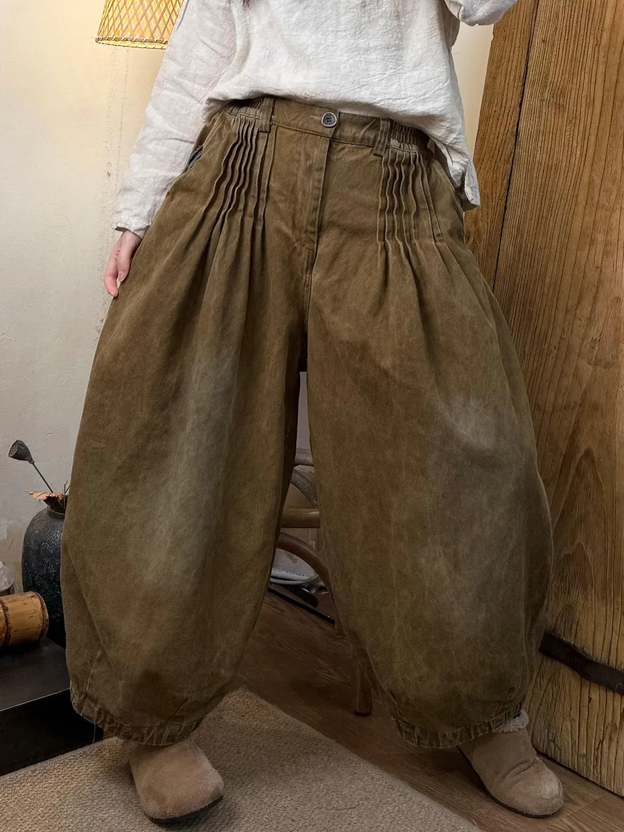 Women Spring Casual Denim Shirred Thick Harem Pants