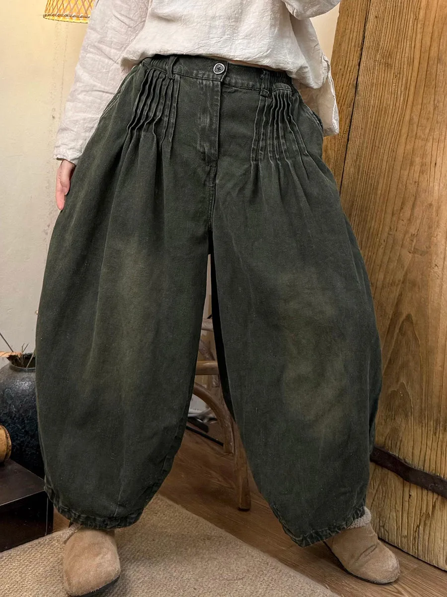 Women Spring Casual Denim Shirred Thick Harem Pants