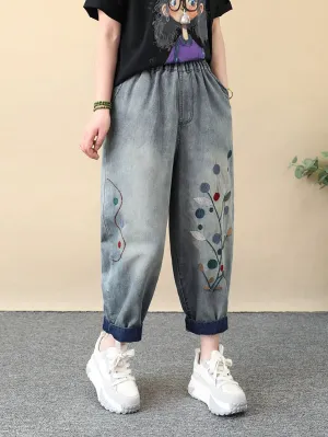 Women Summer Vintage Embroidery Denim Harem Pants