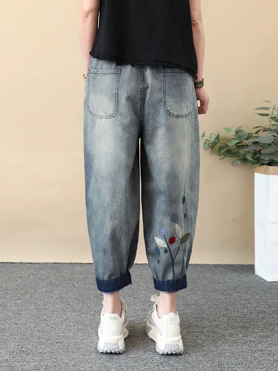 Women Summer Vintage Embroidery Denim Harem Pants