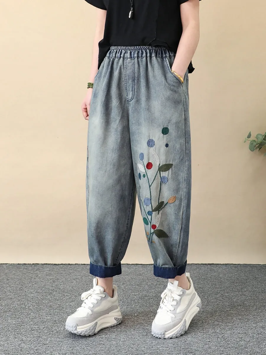 Women Summer Vintage Embroidery Denim Harem Pants