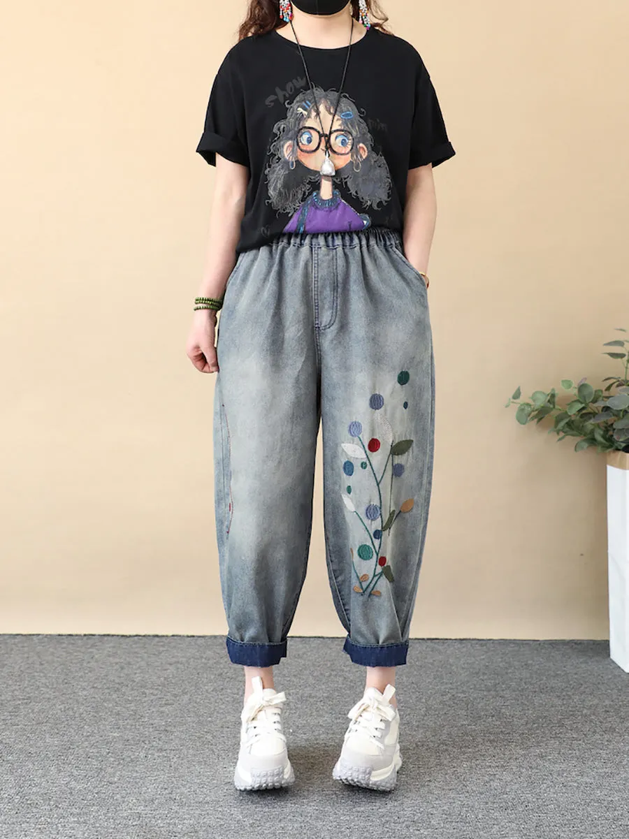 Women Summer Vintage Embroidery Denim Harem Pants