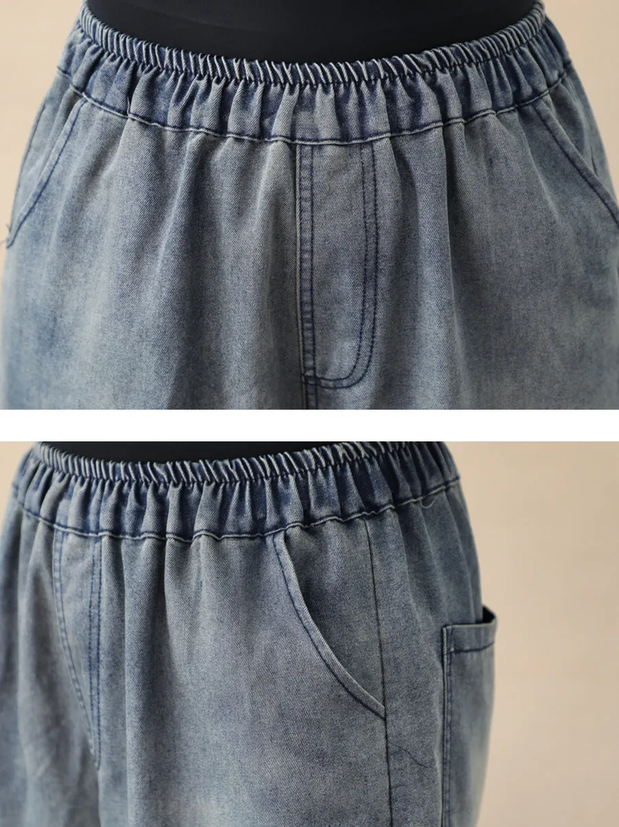 Women Summer Vintage Embroidery Denim Harem Pants