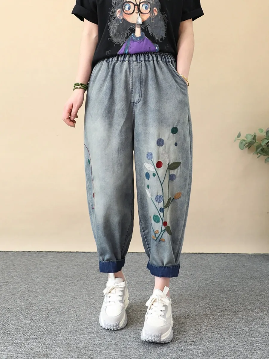 Women Summer Vintage Embroidery Denim Harem Pants