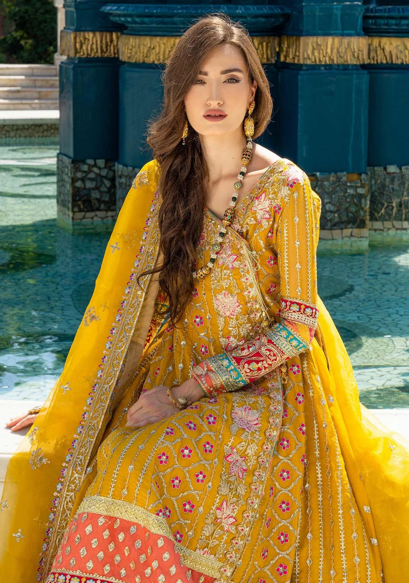 Yellow Mehndi Dress in Traditional Pishwas Frock Style