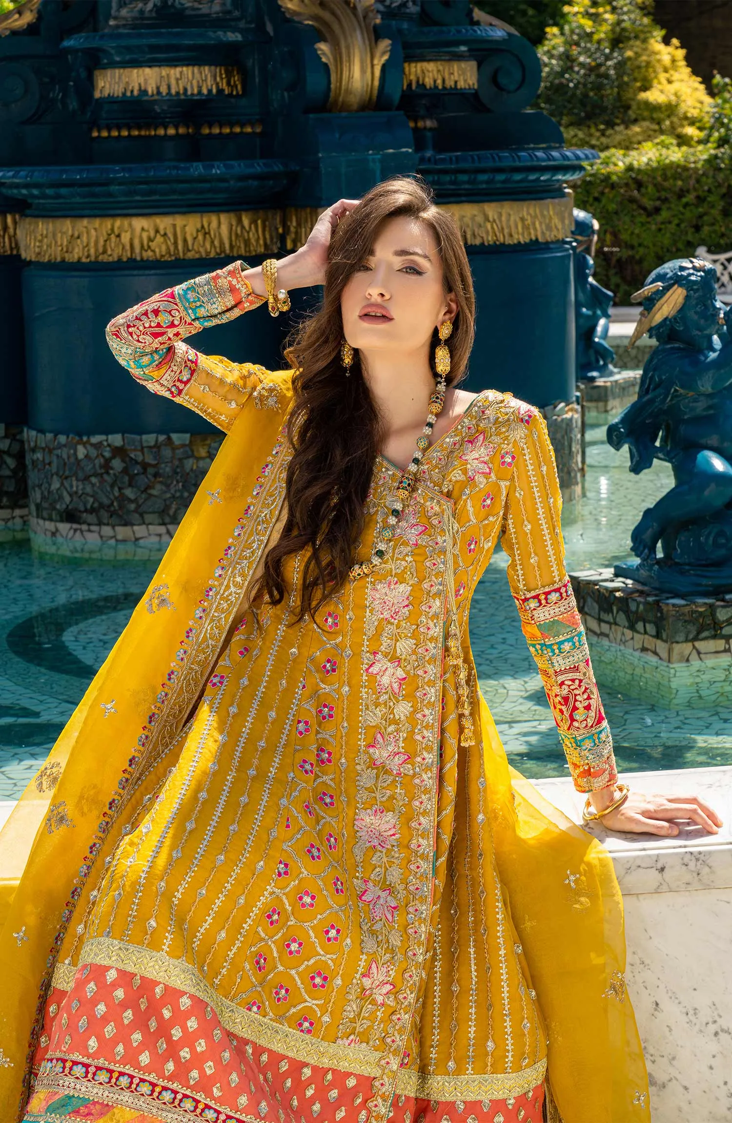 Yellow Mehndi Dress in Traditional Pishwas Frock Style