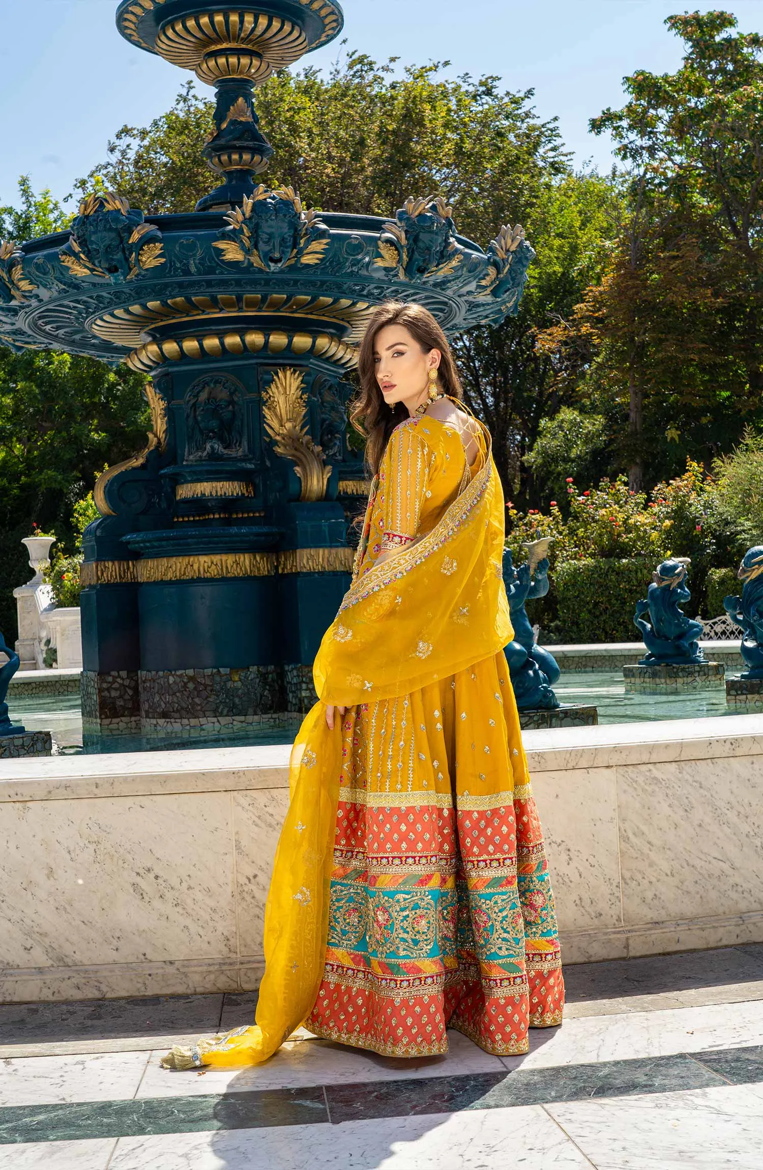 Yellow Mehndi Dress in Traditional Pishwas Frock Style