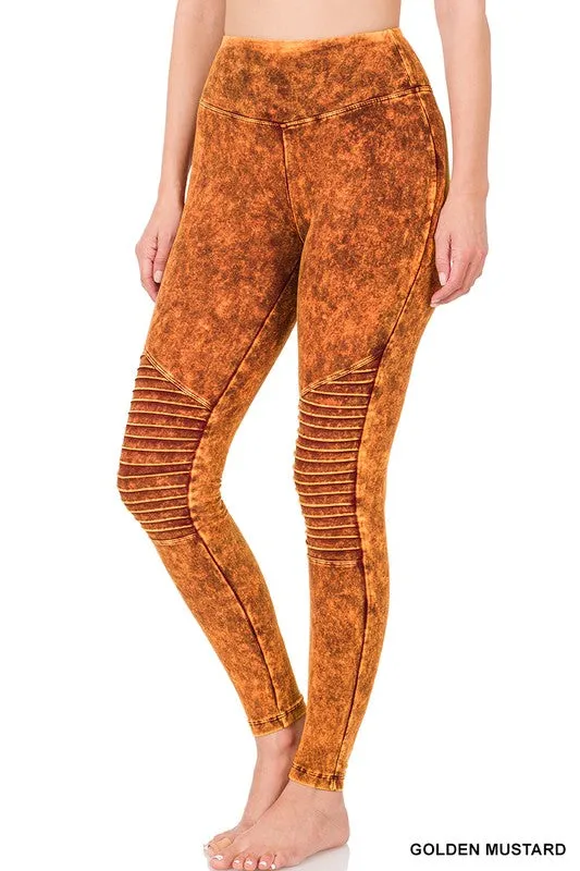 ZENANA Mineral Washed Wide Waistband Moto Leggings