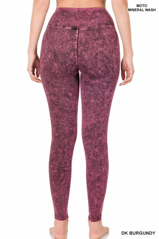 ZENANA Mineral Washed Wide Waistband Moto Leggings